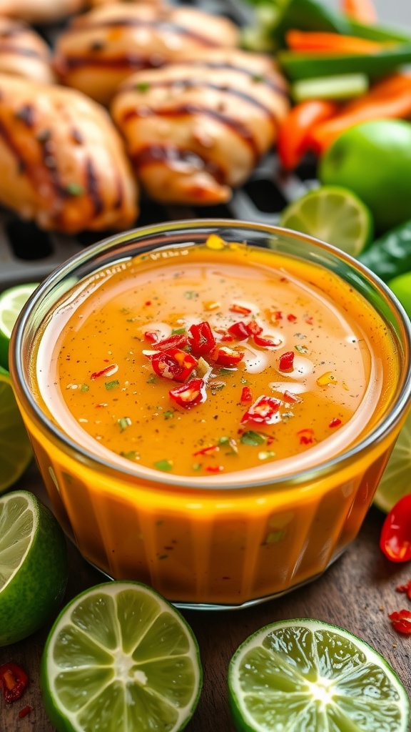 A bowl of chili lime marinade with lime slices and chili flakes, surrounded by marinated chicken and veggies.